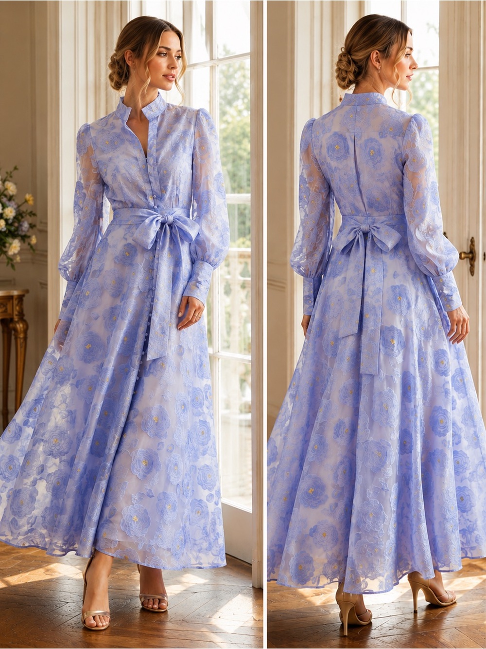 Dalia MacPhee Periwinkle Floral Jacquard Organza Maxi Dress D2256 NWT - Picture 2 of 16